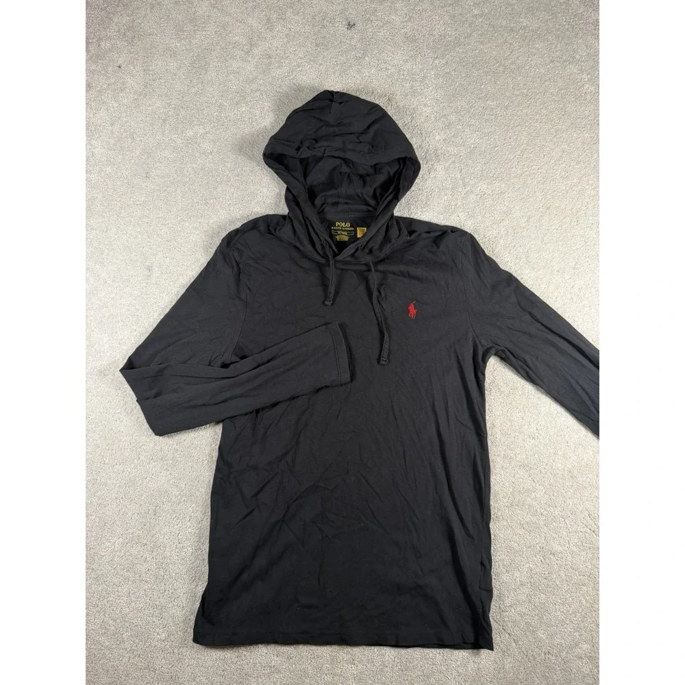 Polo Ralph Lauren Hoodie Mens Medium Black Lightweight Jersey Pony Hooded TShirt